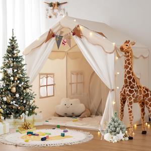 Besrey Kids Play Tent 2 in 1 with Padded Mat and Lights, Large Kids Playhouse with 2 Doors & 4 Windows, Indoor & Outdoor, Christmas Toddler Tent, 51" x35" x 51" (White)