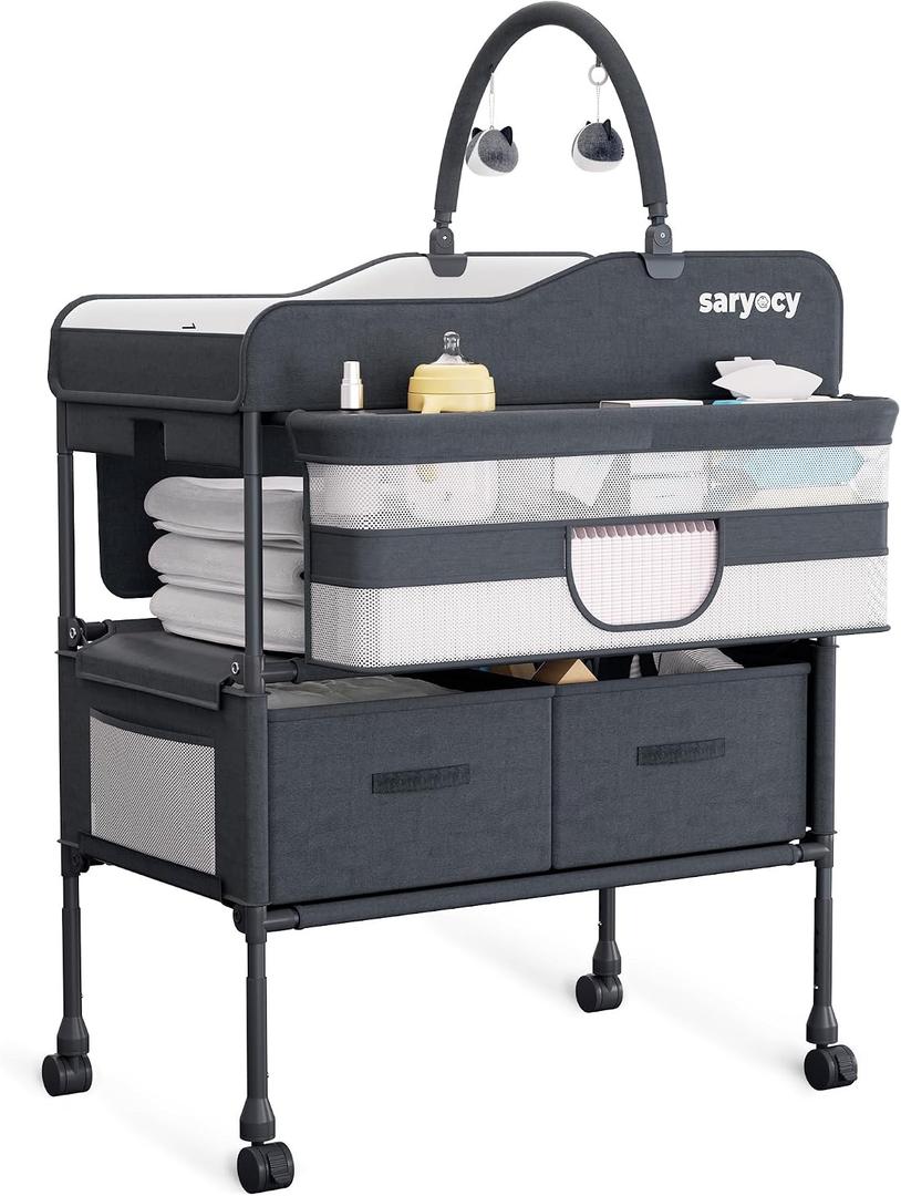 Baby Changing Table with Storage, Versatile Folding Changing Table, Baby Changing Station, Removable Wheels, 4 Adjustable Height, Waterproof, Mobile Nursery for Infant and Newborn