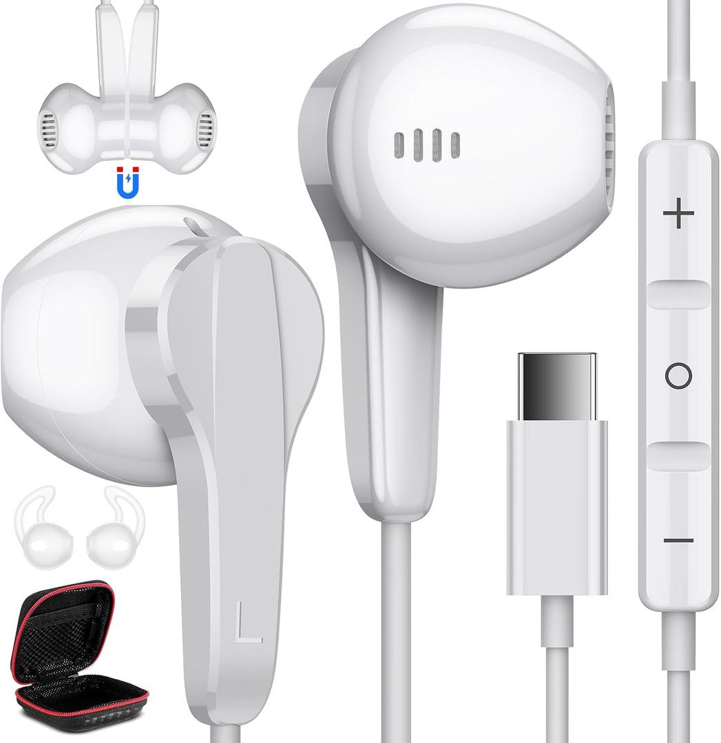 USB C Headphones for Google Pixel 10 9 Pro XL Fold 8a 8 7 6 A, Type C Earphone Noise Isolating Wired Earbud with Mic HiFi Stereo Cord Ear Bud for iPhone 17 Air 16 15 Pro Max Galaxy S25 Ultra S24 S23 (White)