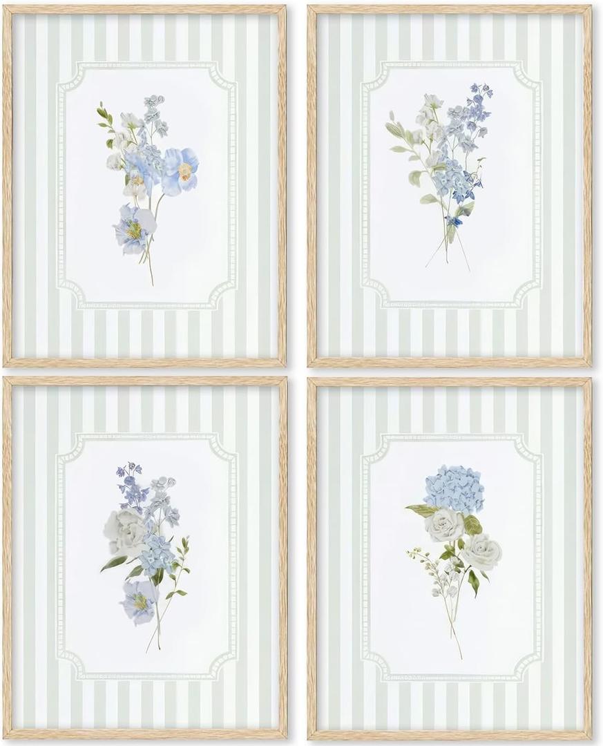 Blue White Florals Wall Art Sage Green Striped Hydrangea Pictures Wall Decor White Roses Posters Grandmillennial Rustic Farmhouse Wildflowers Painting Print Artwork for Nursery Living Room, Unframed, 16''Lx12''W-Unframed