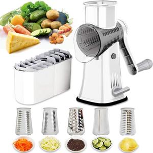 Rotary Cheese Grater Shredder 5-in-1 Tumbling Box Mandoline Vegetable Julienne Slicer Waffle Cutter Nut Chopper with Handle and Strong Suction Base (White)