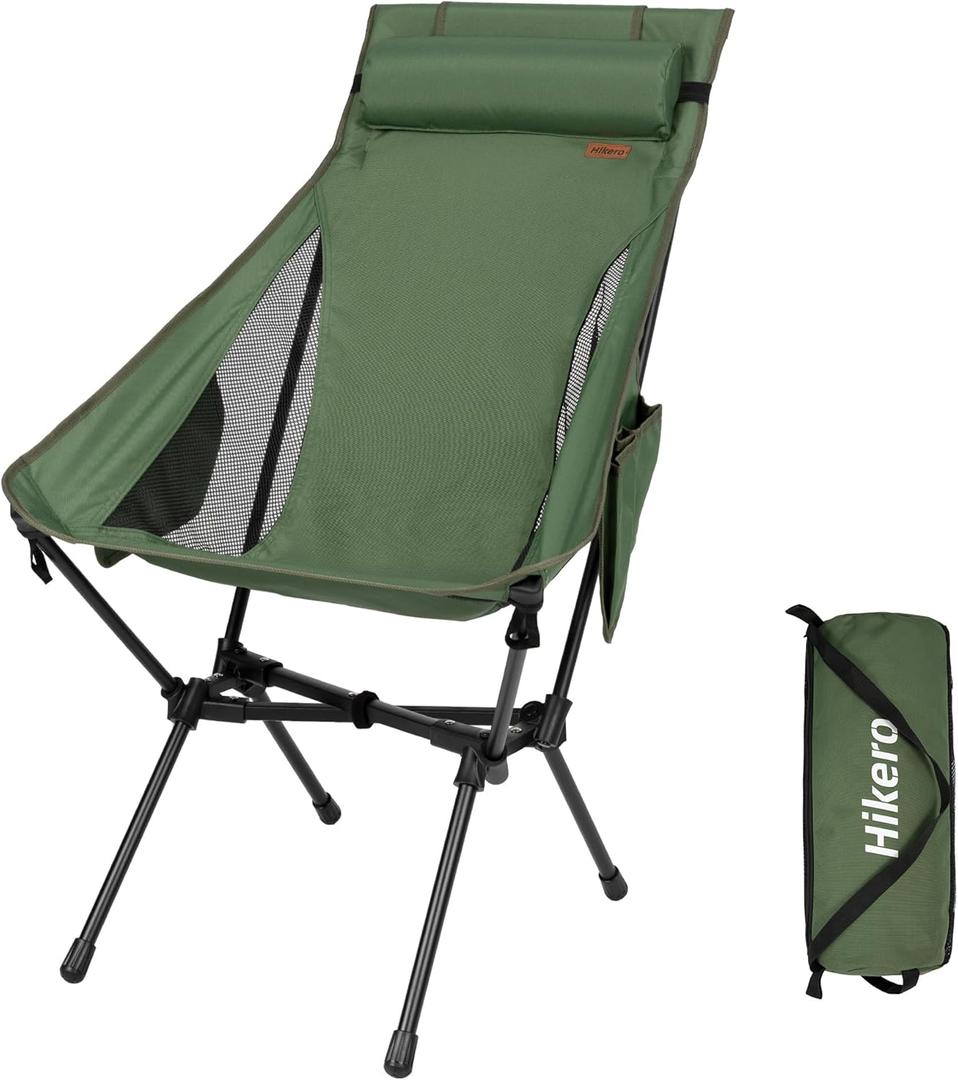 High Back Camping Chair for Adults, Folding Chair Supports 440 lbs, Lightweight Portable Backpacking Chair with Adjustable Pillow for Hiking & Camping (Green)