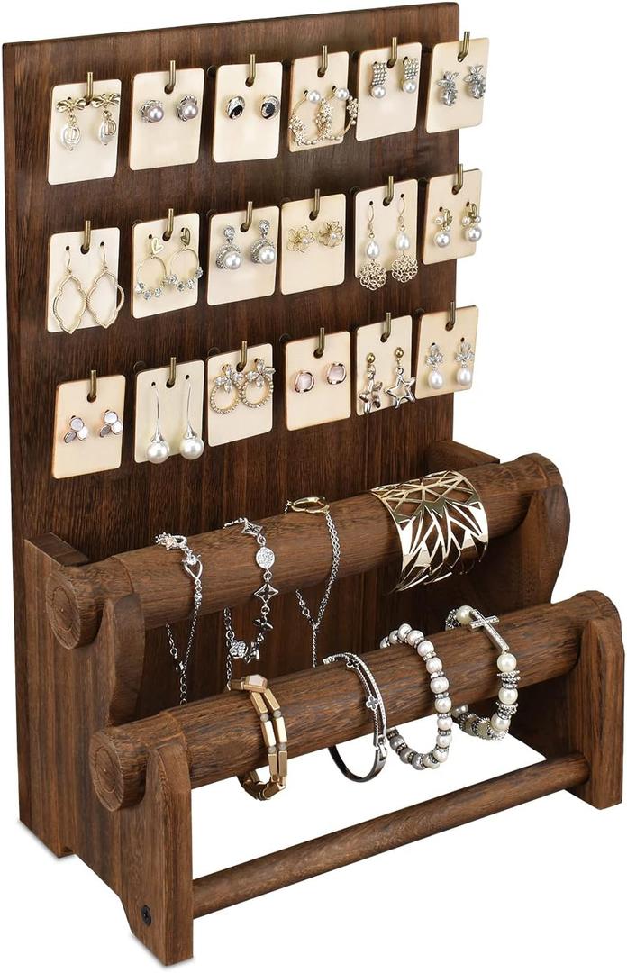 Ikee Design 18 Hooks and 2 Removable Bars Wood Jewelry Holder Organizer Stand, Earring Bracelet Jewelry Display Stand Organizer, Necklace Bracelet Holder, Brown Color