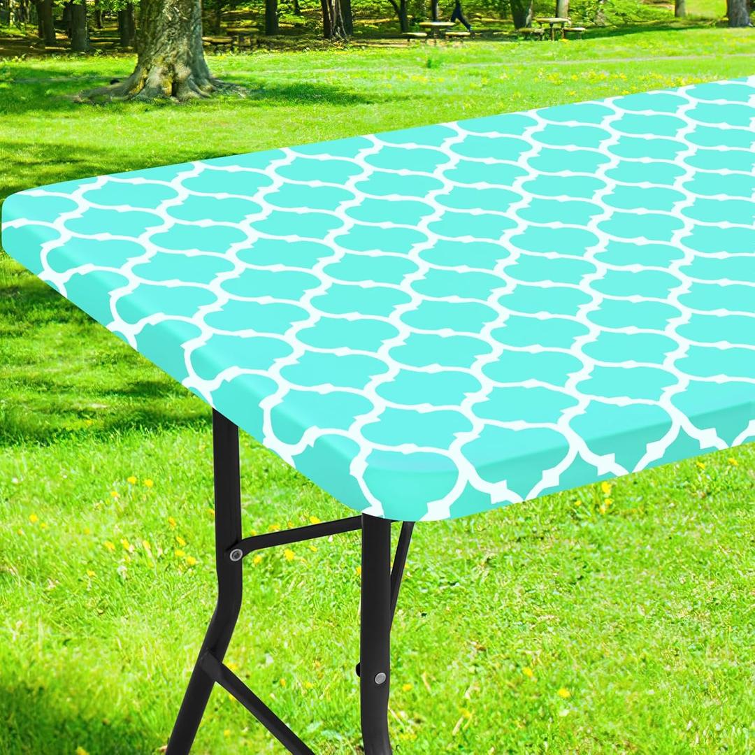 Smiry Rectangle Picnic Table Cover, Waterproof Elastic Fitted Camping Tablecloths for 6 Foot Tables, Wipeable Flannel Backed Vinyl Tablecloth Protector for Indoor, Outdoor (Teal, 36x72 Inches)