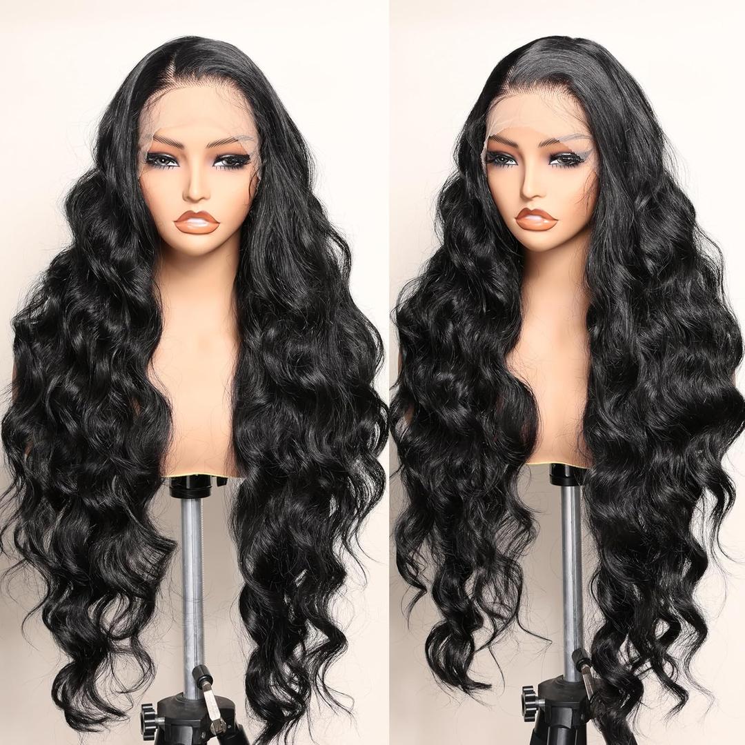 SOKU Black 13x6 Lace Frontal Wig 32 Inches Long Lightweight Body Wave Pre Plucked Hairline with Baby Hair Transparent Swiss Lace Heat Resistant Synthetic Hair Glueless Lace Front Wigs for Black Women