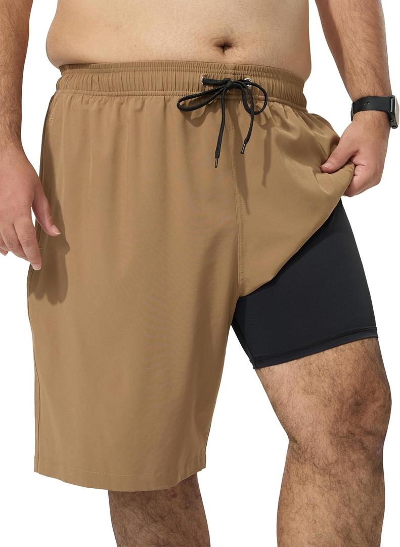 Arcweg Men's Big and Tall Swim Trunks Plus Size Swimsuit for Men with Compression Liner & Zipper Pocket (Brown, XL)