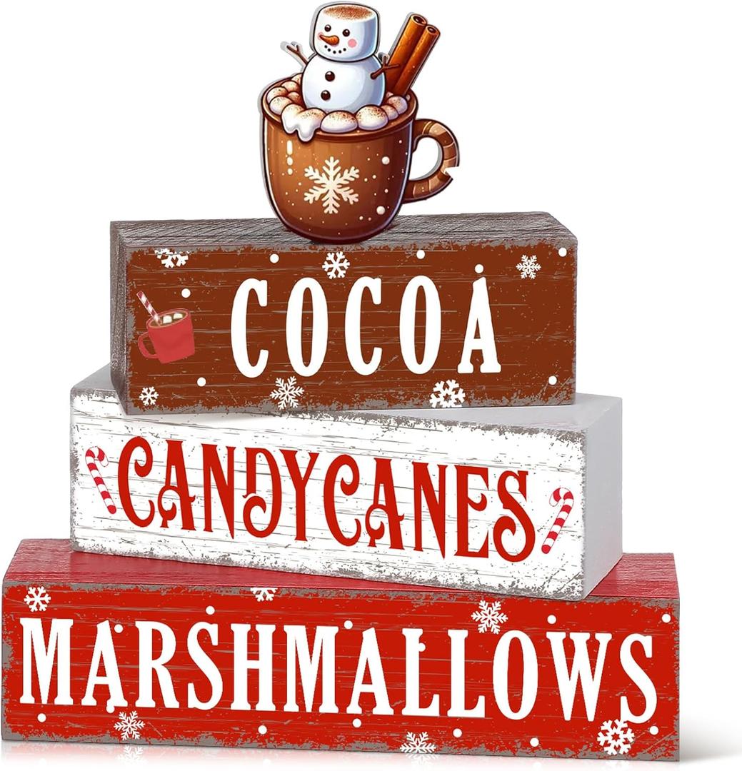 Geelin 4 Pieces Christmas Hot Cocoa Wooden Table Decorations Xmas Hot Cocoa Wooden Signs Rustic Marshmallow Tiered Tray Decor Tabletop Centerpieces for Home Desk Room Kitchen Shelf