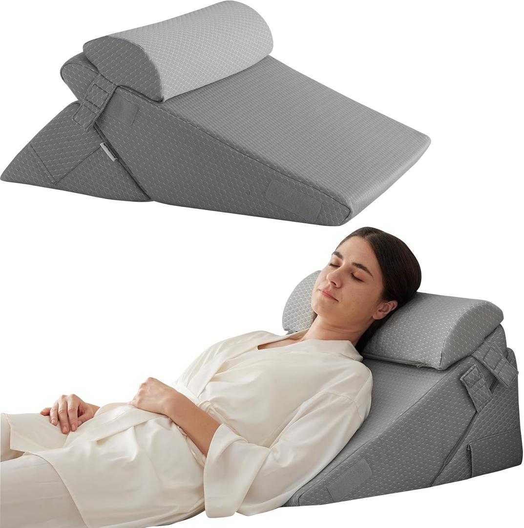 Bedluxe 3Pcs Orthopedic Bed Wedge Pillow Set, Foam Wedge Pillow Post Surgery for Back, Leg and Knee Support, Adjustable 9&12 Inch Folding Triangle Pillow for Sleeping, Acid Reflux, Snoring, Grey