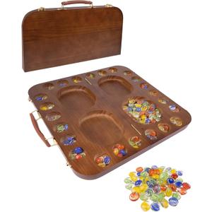 4 Player Wooden Mancala Board Game,4 Player Mancala Board Game Set, Great Glass Beads, Classic & Portable Marble Game for Family Night and Travel