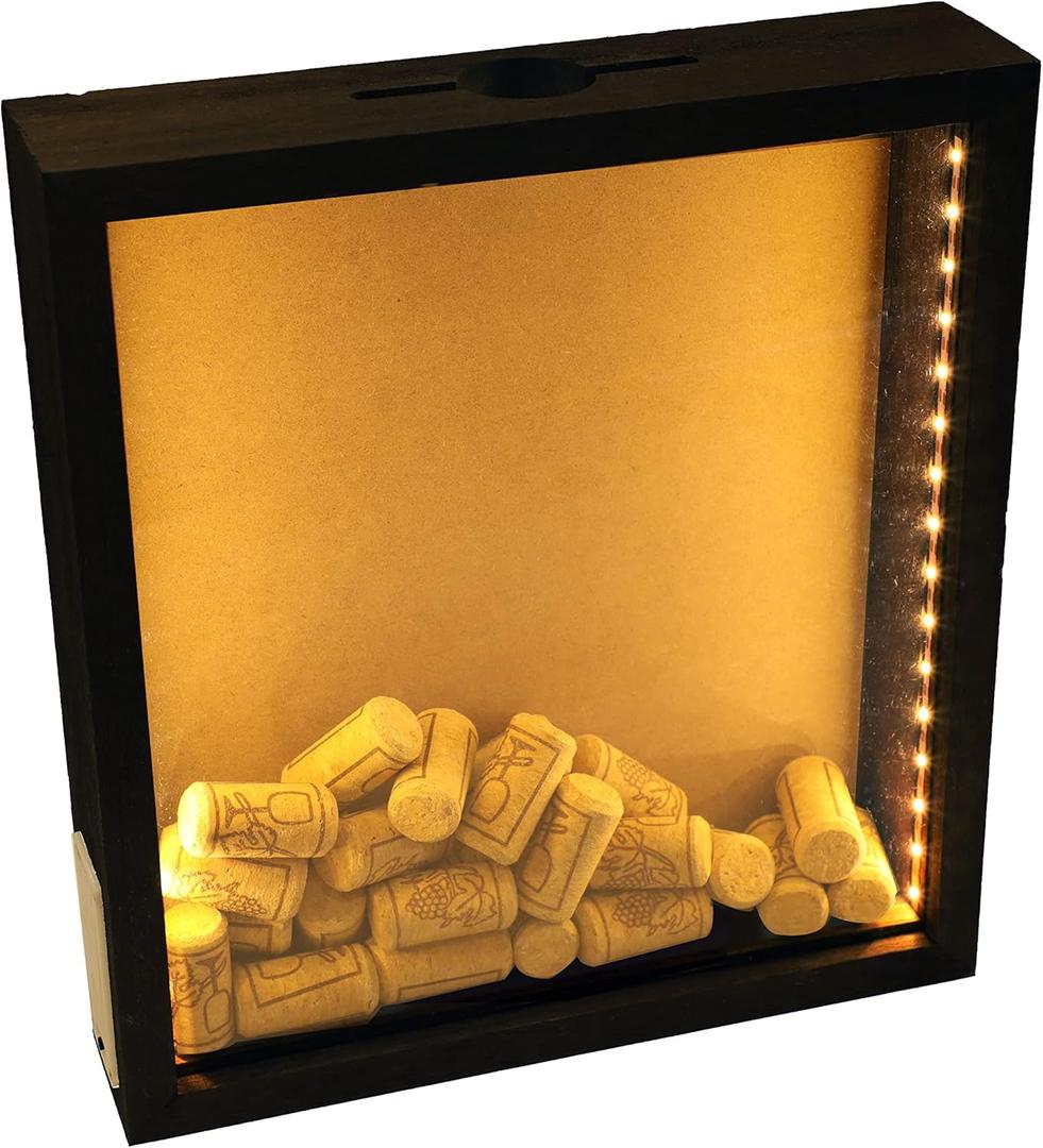 11x12 Shadow Box with Slot-Wine Cork Holder-Ticket Display Case Frame Come with Light-Beer Caps Show case-Christmas Home Decoration (Black)
