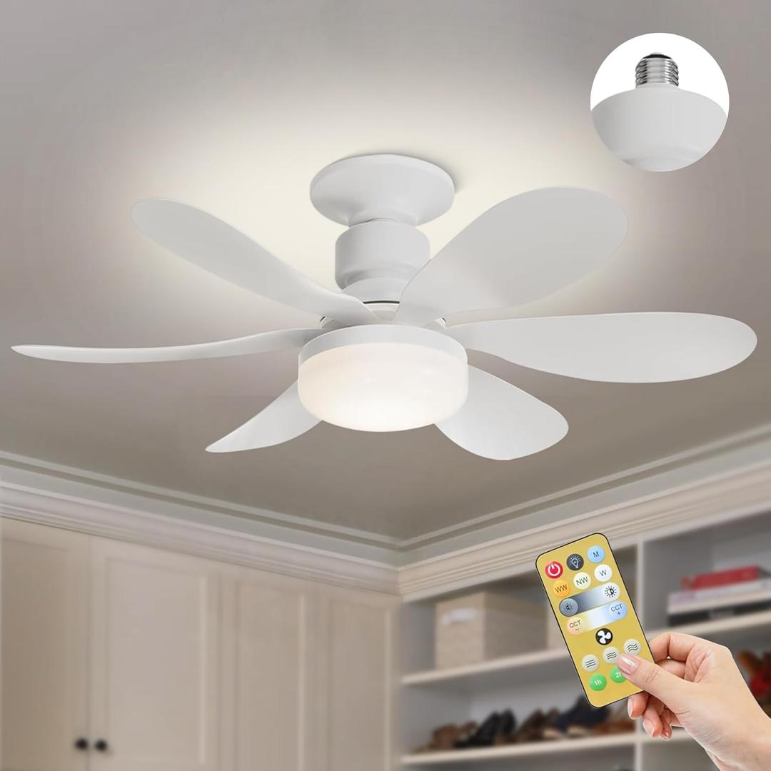 Bella Depot Socket Fan Light with Remote - 20.5 E26 Base LED Ceiling Fan for Indoor with Memory Dimmable Lights for Bedroom, Kitchen, and Balcony
