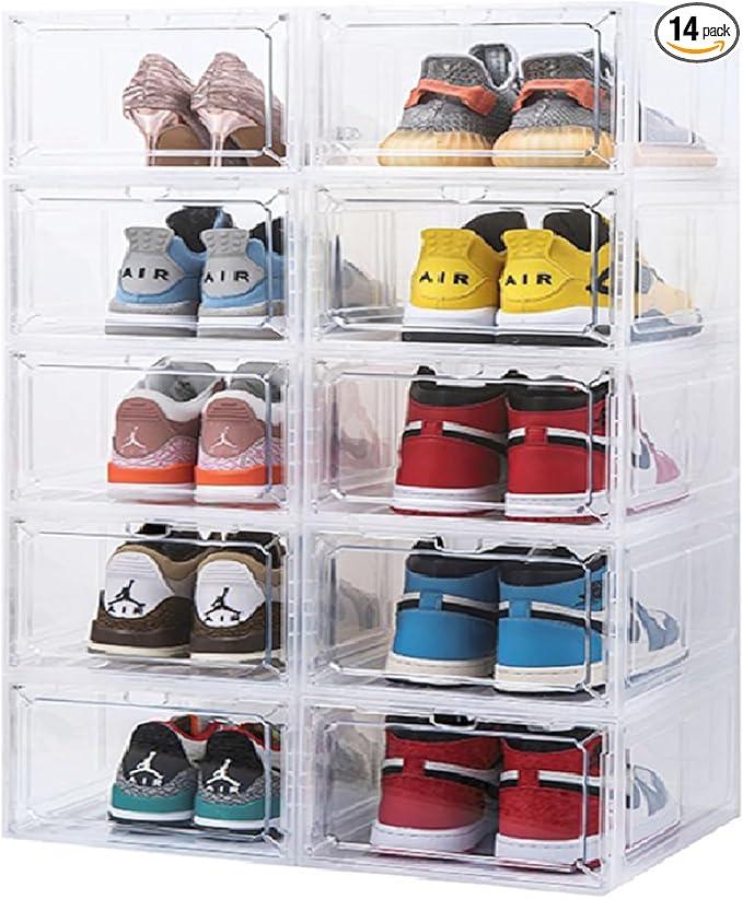 Ersozrin Large Shoe Organizer Stackable with Magnetic Door DVD/CD Storage 4pcs, Clear Shoe Boxes for Closet, Foldable Spacesaving Shoe Rack