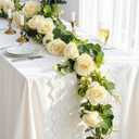 Lewondr Artificial Eucalyptus Garland with Flower - 8 Roses, 6FT Faux Floral Greenery Garlands Fake Flowers Vines, Maintenance-Free for Wedding Table Backdrop Party Centerpiece Room Decor, Champagne (1 Pack)
