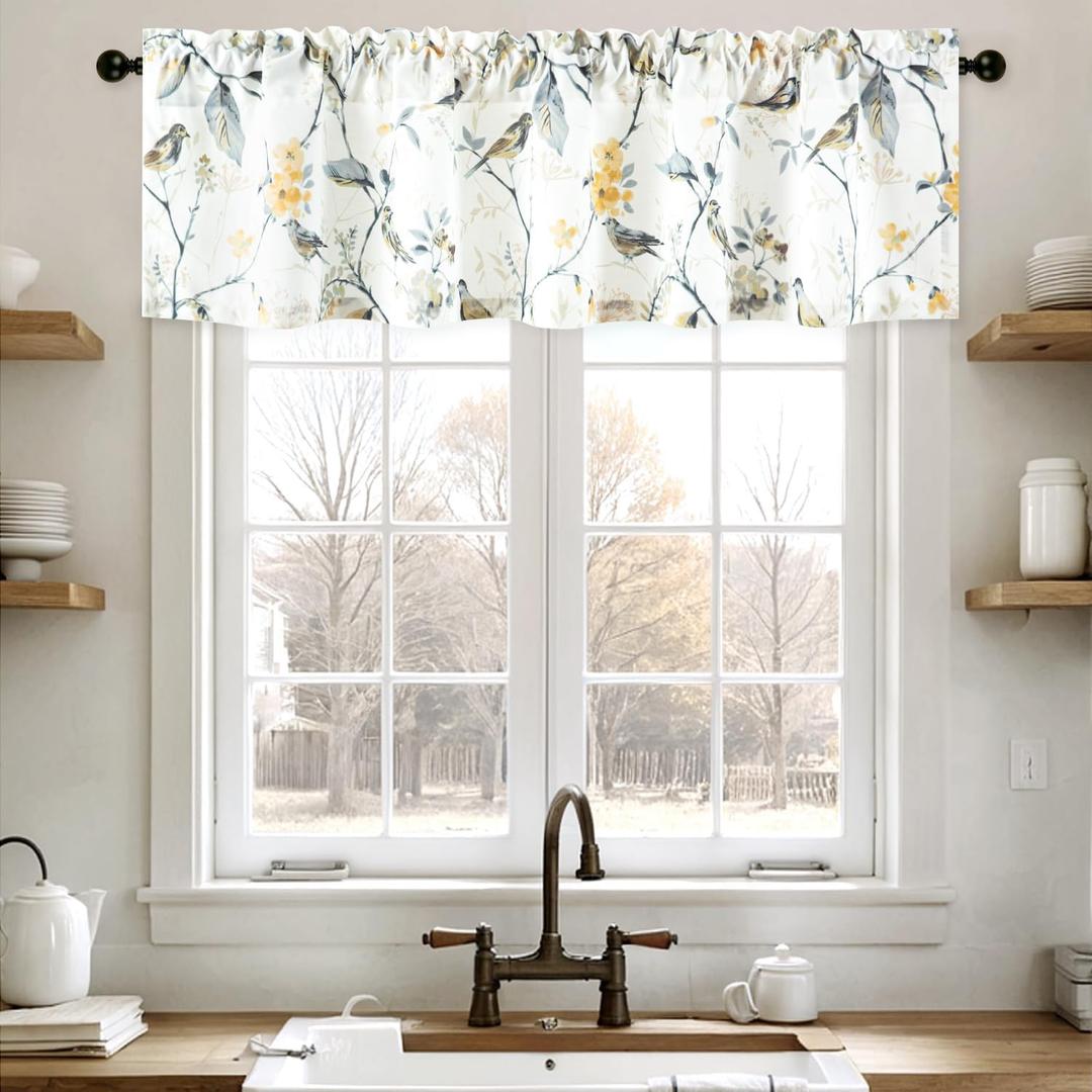 Leeva Farmhouse Curtain Valances for Living Room, Grey Bird Curtains for Kitchen, Rod Pocket Window Valances for Bedroom, 60 x 14 Inch