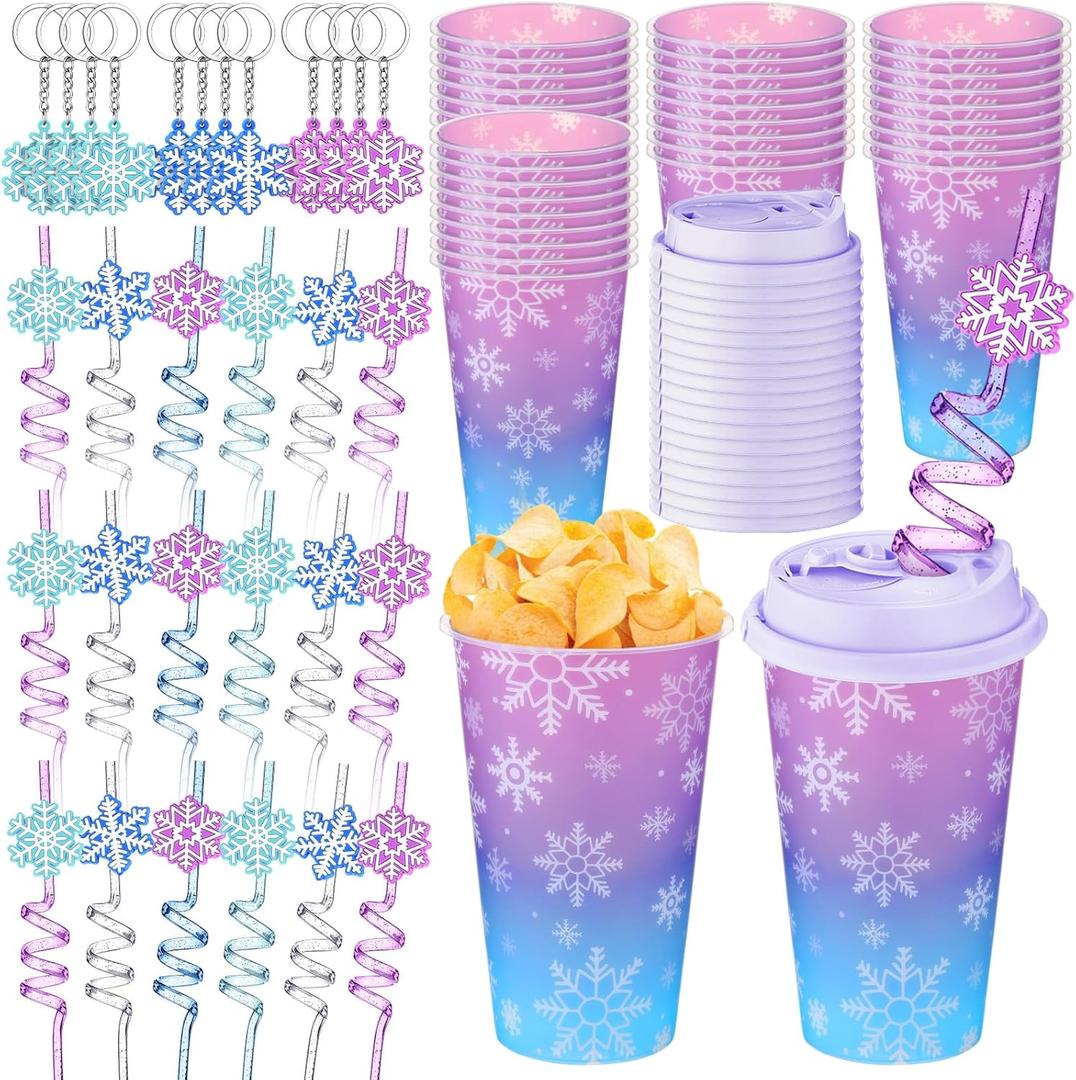 Acellegic 24 Set Snowflake Themed Party Plastic Cups 16 oz Snowflake Cups Gifts with Lids and Straws Keychains Reusable Tumbler for Winter Party Birthday Gifts
