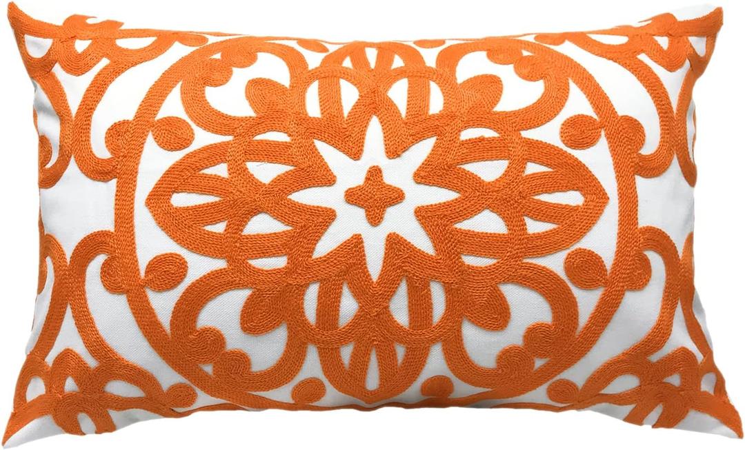 Alysheer Embroidered Lumbar Decorative Throw Pillow Cover 12"x 20", Classic Boho Mandala Embroidery Pattern Cotton Rectangular Cushion Case for Sofa Couch Living Room Bedroom (Bright Orange)