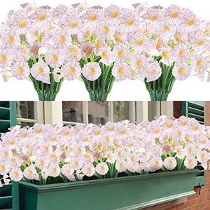 Artificial Flowers 12 Bundles Outdoor UV Resistant Fake Flowers No Fade Faux Plastic Greenery Shrubs Garden Porch Window Box Decorating (White)