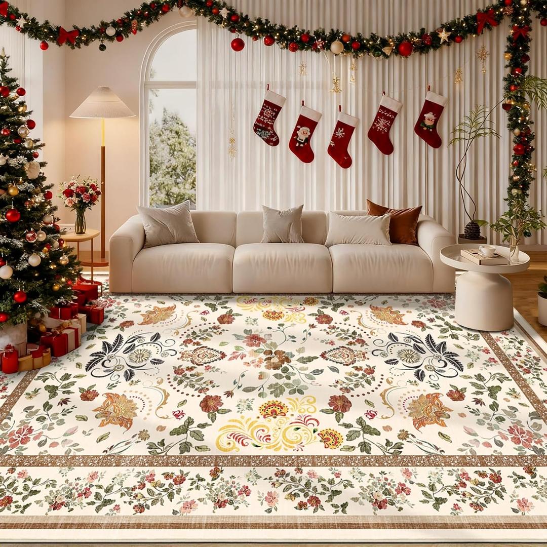 Vintage Floral 9x12 Area Rug - Floral Washable Rug for Living Room Bedroom Dining Room Kids Playroom Home Decor Non Slip Carpet - Brown (Multi 35)