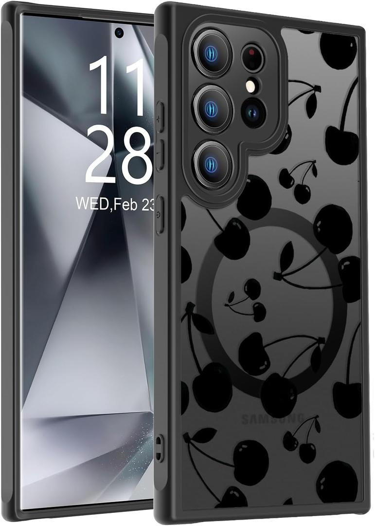 SEXYMOM Magnetic for Samsung Galaxy S24 Ultra Case - Wireless Charging Compatible,Cute Floral Design for Women and Girls,Slim Fit Translucent Matte Phone Case - Cherry