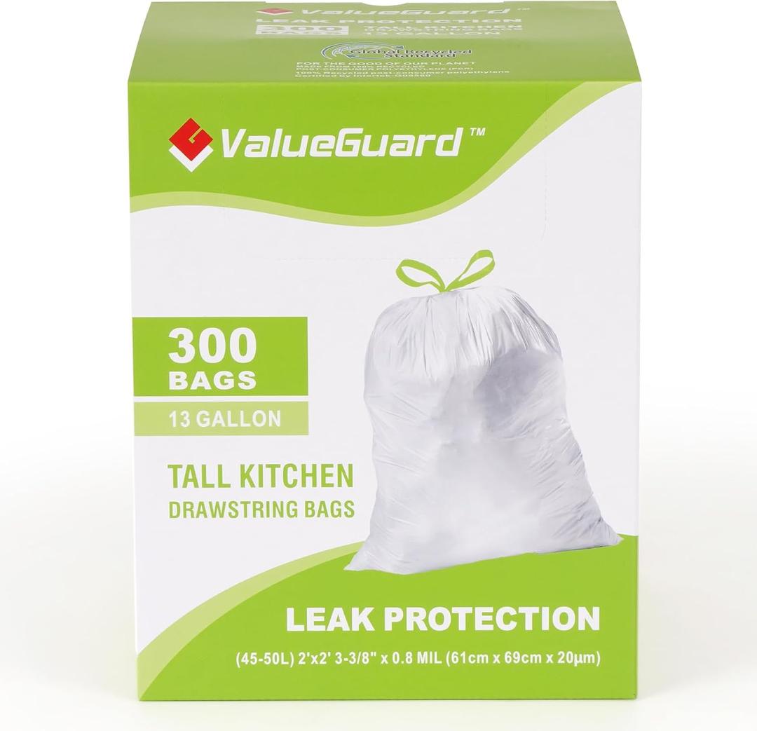 ValueGuard Large Trash Bag 13 Gallon Tall Drawstring 100% Post-Consumer Recycled Garbage Bag Waste Bag for Kitchen Office 0.8 Mil (300 Count)