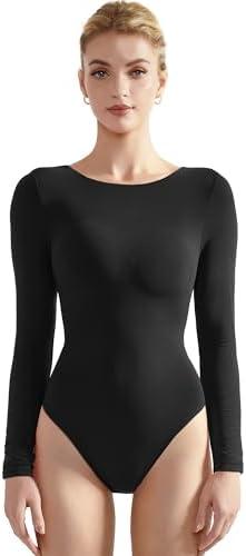 SUUKSESS Women Crew Neck Long Sleeve Bodysuit Sexy Thong Bodysuit Shirts Size S
