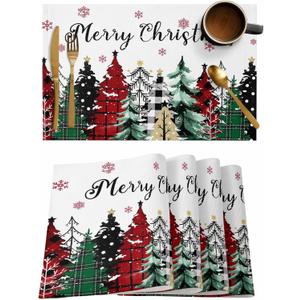Merry Christmas Placemats Set of 6, Red Green Plaid Pine Tree Heat Resistant Washable Table Place Mats White Snowy Forest Winter Table Linens Party Holiday Decor for Kitchen Dining Outdoor Indoor (18x12 inch x6 pcs)
