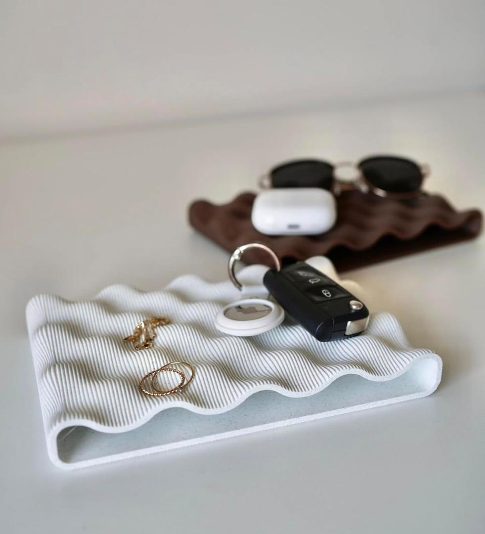 Minimalist Jewelry & Keys Tray Set of 2  White & Light Brown | Modern Decorative Organizer for Sunglasses, Rings, Necklaces & Everyday Essentials | Ribbed Wave Design Storage Dish