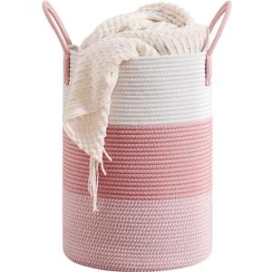 CLHMILY&Z 60L Laundry Basket Round Storage Rope Basket - 15x20.5 Inches - Pink Hamper in Bedreoom and Cute Storage Bin for Blankets, Toys, and Nursery Essentials