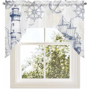 Jolunifun Retro LightHouse Swag Valance Kitchen Curtains, Rod Pocket Valance Curtain Panels for Bedroom Living Room Bathroom Cafe Windows, Blue Ocean Coastal Nautical Anchor 56''x36''