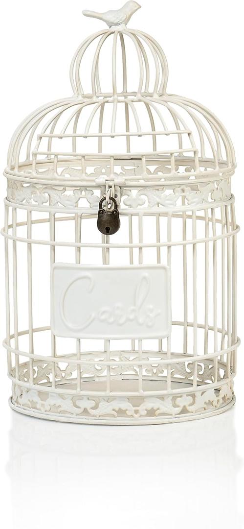 Red Co. 9.5 Dia Round Decorative Rustic Lockable Metal Birdcage Wedding Card Holder, White
