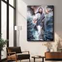 1Pcs Framed Jesus Walking On Water Wall Art Religious Christian Poster Print Inspirational Bible Canvas Artwork For Living Room Or Gallery Display Home Decor 12x16 Inch Ready To Hang
