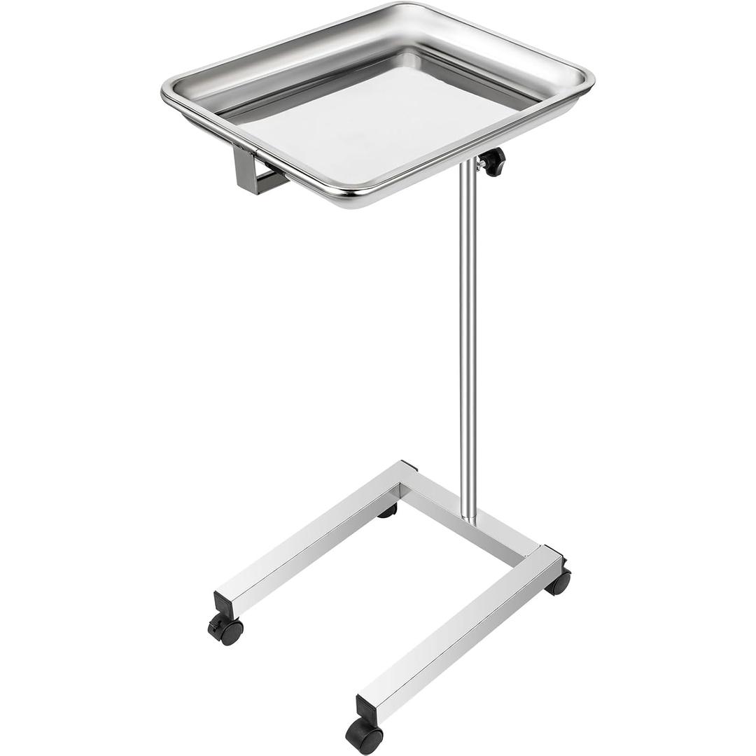 VEVOR Mayo Stand 18 x 14 inch Medical Tray, Height Adjustable 32-51 inch, Stainless Steel Lab Cart with Removable Tray & 4 Swivel Wheels, Metal Instrument Procedure Tray for Home Equipment, Dental