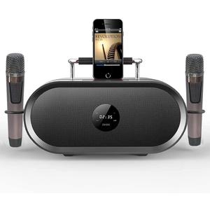 RHM K666 Karaoke Machine with 2 UHF Wireless Mics & Voice Beautifier, 60W Balanced Audio, 8H Playtime, Built-in Handle for Backyard BBQ, Camping & Outdoor Events, Bluetooth/AUX/USB/PC Support