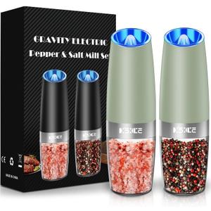 Gravity Electric Pepper and Salt Grinder Set, Adjustable Coarseness, Battery Powered with LED Light, One Hand Automatic Operation,Light Green, 2 Pack