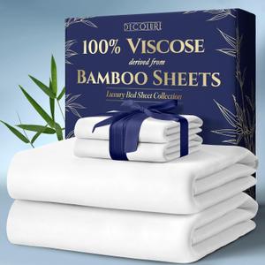 DECOLURE 100% Viscose Derived from Bamboo Sheets Cal King Size 4pcs - Ultra Soft & Luxuriously Cooling, 17" Deep Pocket, Double Stitching, Perfect for Hot Sleepers - California King Bed Sheets (White)