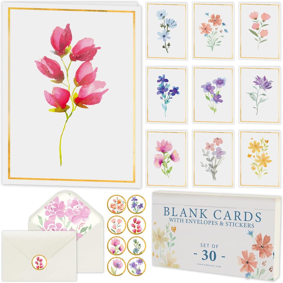 Only Zest 30 Pack Blank Cards and Envelopes - 4 x 6 Inch Floral Greeting Cards for Encouragement, Stationery Set for All Occasions, Blank Note Cards with 10 Unique Designs