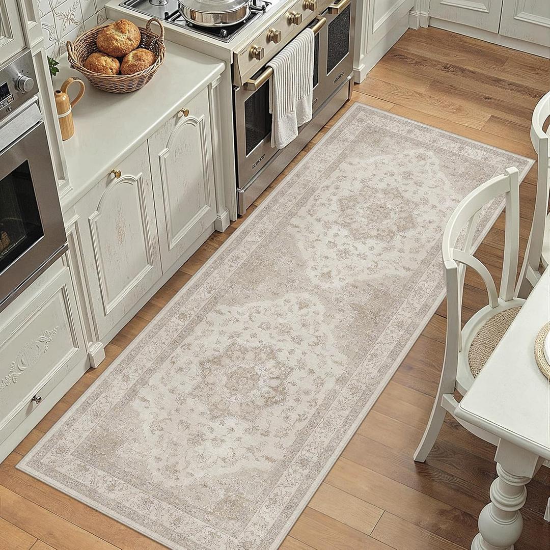 PureCozy Beige Area Rug 2x4 Washable Vintage Carpet Entryway Kitchen Soft Retro Low Pile Thin Door Mat Non Slip Oriental Medallion Throw Small Rug for Bathroom Office Bedroom Dining Room 2' x 4' (Runner), Beige