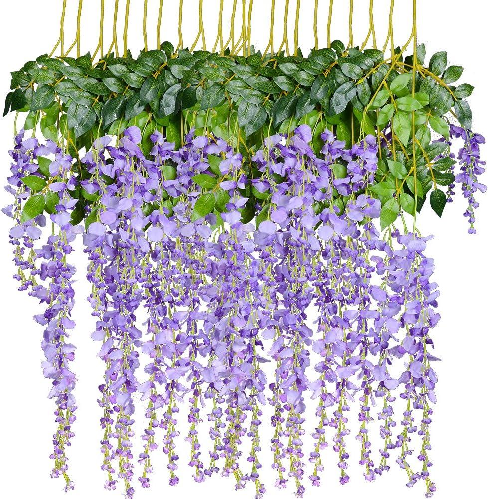 DearHouse 12 Pack 3.6 Feet Artificial Fake Wisteria Vine Ratta Hanging Garland Silk Flowers String Home Party Wedding Decor (Purple 2)