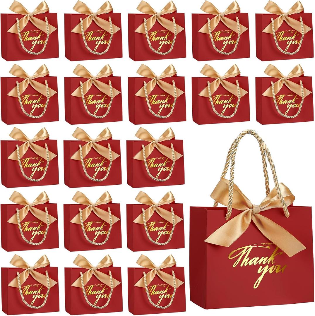 Hsei 40 Pcs Mother's Day Small Thank You Gift Bags with Handles 5.5''x 2.4''x 4.7'' Gold Foil Thank You Mini Paper Bags with Bow Ribbon Party Favor for Wedding Birthday(Red)