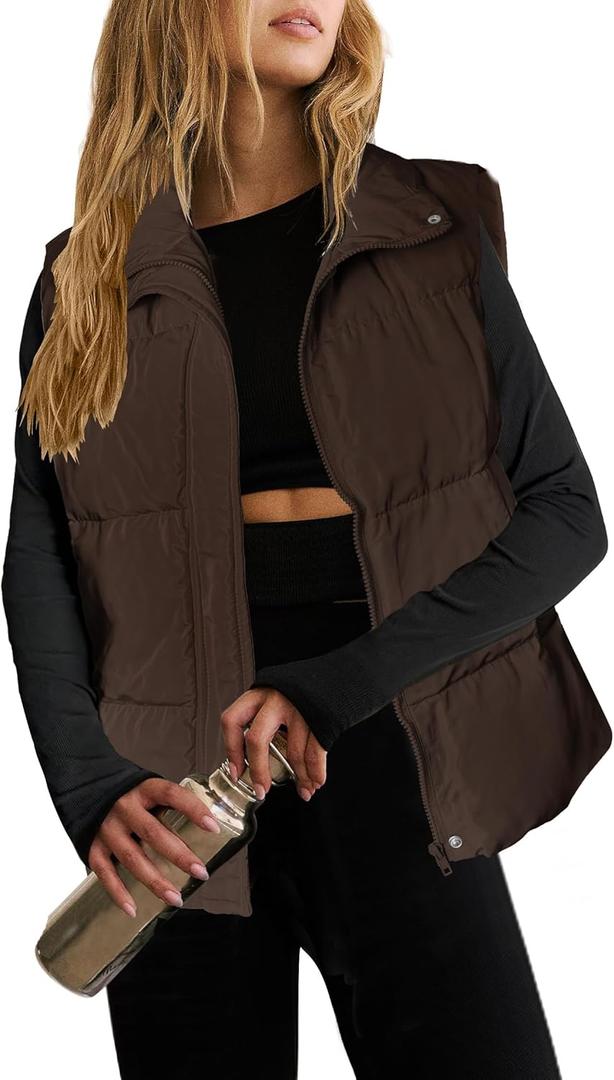 Zeagoo Women Puffer Vest Lightweight Stand Collar Sleeveless Winter Warm Zip Up Padded Outerwear Jackets with Pockets Large (Dark Brown)