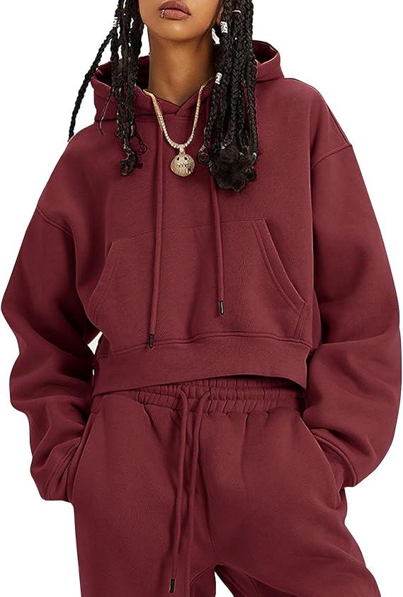 Flygo Womens Fleece 2 Piece Outfits Sweatsuit Crop Pullover Sweatshirt Joggers Pants Tracksuit Set Medium