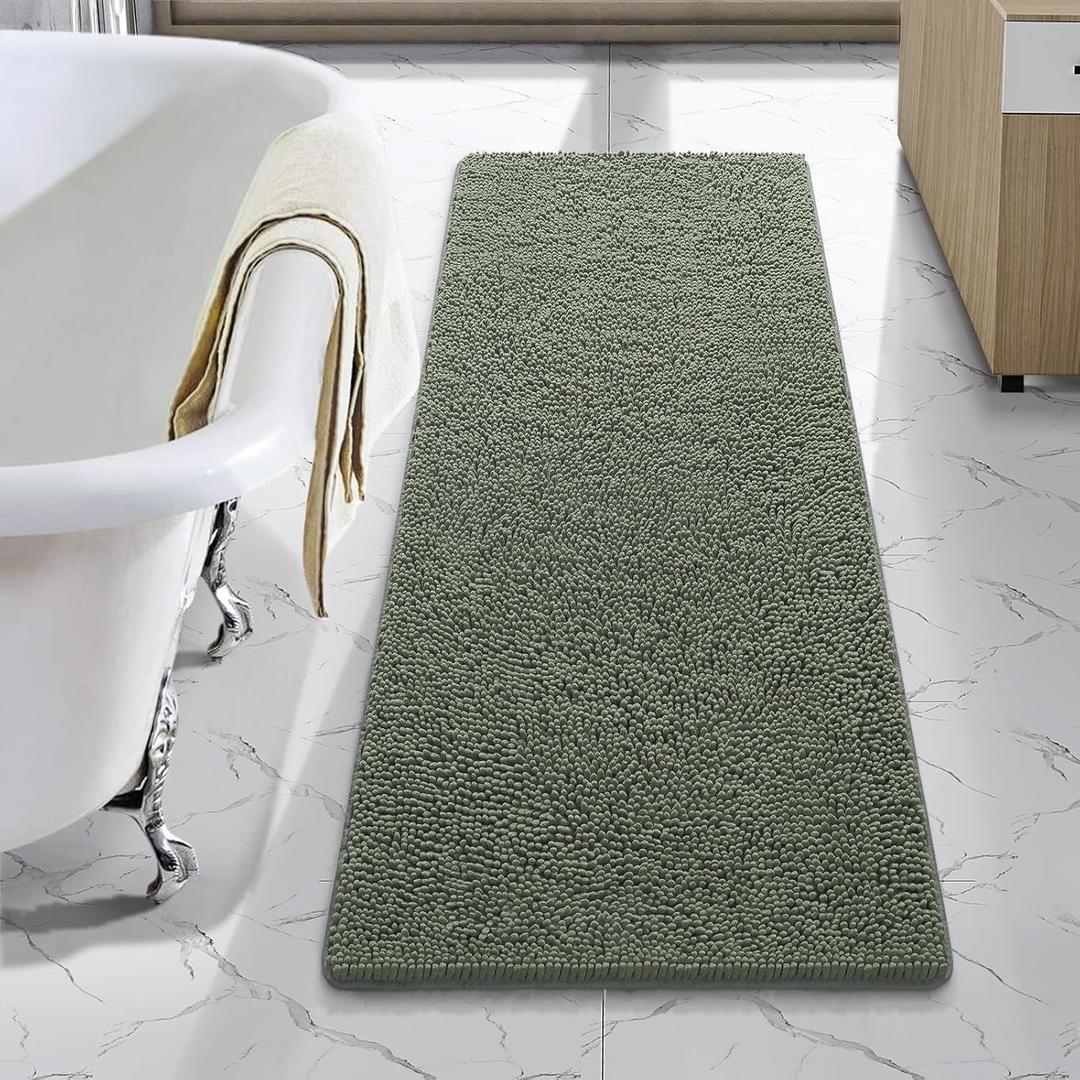 LOCHAS Luxury Bathroom Rug Shaggy Bath Mat 48 x 17 Inch, Washable Non Slip Bath Rugs for Bathroom Shower, Soft Plush Chenille Absorbent Carpets Mats, Sage Green