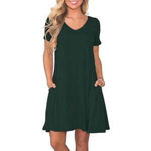 Women's Casual T Shirt Dress Summer Short Sleeve Swing Dresses with Pockets (Size Large, Dark Green)