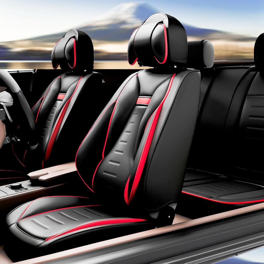 ASLONG 5PCS Angel Wings Front and Back Car Seat Covers Auto Interior Accessories with Water Proof Nappa Leather for Cars SUV Pick-up Truck Universal Comfortable and Breathable (Full Set, Black&Red)