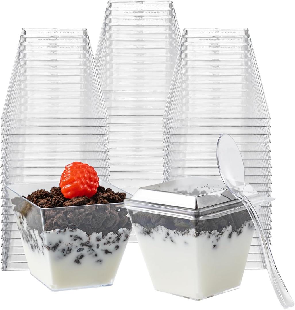 HOMIP 60Pack 4oz Plastic Dessert Cups with Lids and Spoons, Mini Plastic Parfait Cups for Parties, Clear Square Cups for Appetizer Cake Ice-cream