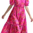 YESNO Summer Floral Midi Dresses for Women V Neck Puff Short Sleeve Frill Trim Dress with Pockets EVX