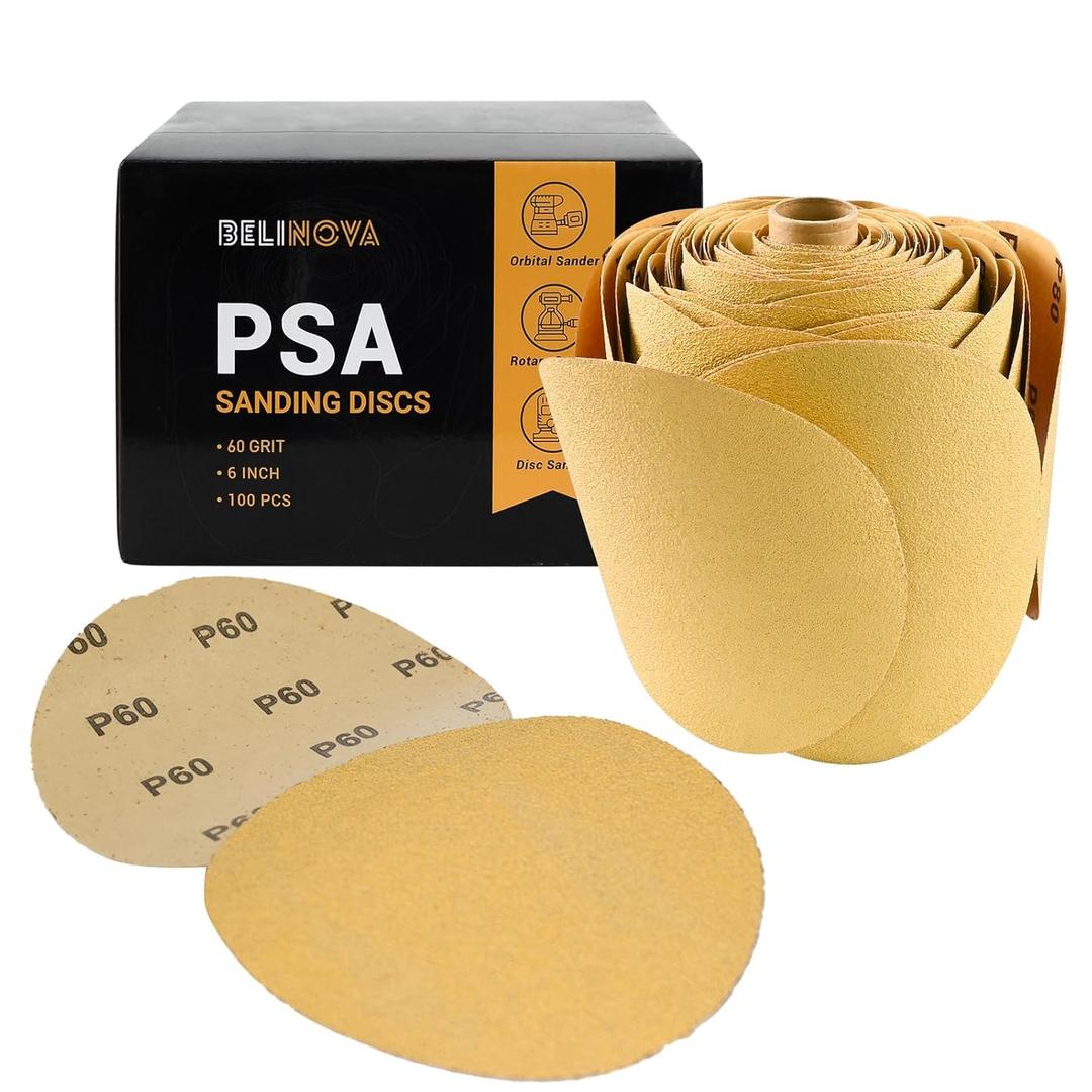 100PCS 6 inch PSA Sanding Discs 60 Grit Self Adhesive Sticky-Back Sandpaper for DA Sander Orbital Sander Aluminum Oxide Sanding Disc Roll for Woodworking Metal Finishing