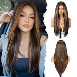 HAIRCUBE Long Straight Wig for Women, Heat Resistant Synthetic Hair with Bangs, Natural Looking Pre-Cut Lace Front Wig, Soft & Lightweight for Daily Use, Cosplay, Parties (Mixed Brown)