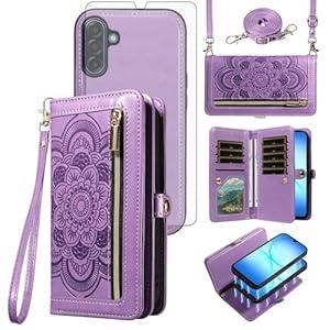 Asuwish Phone Case for Samsung Galaxy A17 5G Zipper Wallet Detachable Cell Cover with Tempered Glass Screen Protector Crossbody Wrist Strap Mandala Flower Credit Card Holder A 17 17A 4G Women Men Purple