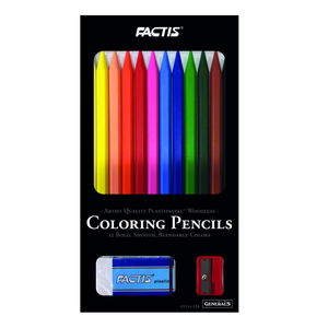 General Pencil Factis (R) Woodless Coloring Pencil Set 12-Piece Assorted, Acrylic Multicolour, 0.51x4x7.5 cm
